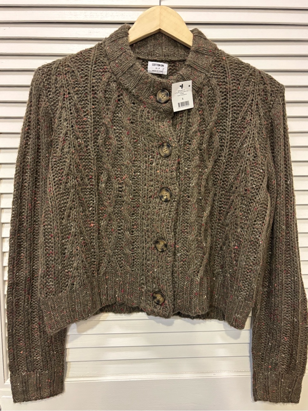 Cotton On Brownstone Cropped Cable Knit Button-Up Cardigan